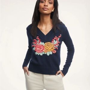 Brooks Brothers Vintage V-Neck Sweater Embroidered Florals 100% Supima Cotton